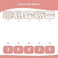 Mathematic counting worksheet. Math activity, count and match numbers with pictures. Educational printable math worksheet for children. Vector File.