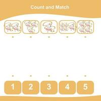 Mathematic counting worksheet. Math activity, count and match numbers with pictures. Educational printable math worksheet for children. Vector File.