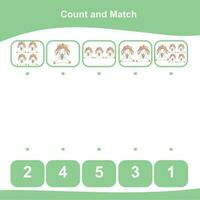 Mathematic counting worksheet. Math activity, count and match numbers with pictures. Educational printable math worksheet for children. Vector File.