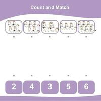 Mathematic counting worksheet. Math activity, count and match numbers with pictures. Educational printable math worksheet for children. Vector File.