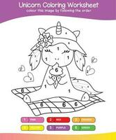 Unicorn coloring worksheet page. Coloring worksheet for preschool. Black and white image for coloring. Vector illustration.