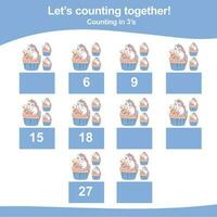 Mathematic counting worksheet. Math activity, count and write the missing numbers, math multiples. Educational printable math worksheet for children. Vector File.