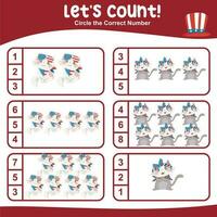 Mathematic counting worksheet. Math activity, count and match numbers with pictures. Educational printable math worksheet for children. Vector File.