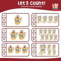 Mathematic counting worksheet. Math activity, count and match numbers with pictures. Educational printable math worksheet for children. Vector File.