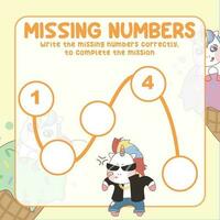 Missing numbers. Write the answer correctly. Educational printable math worksheet. Count and write activity. Counting practice. Vector file.