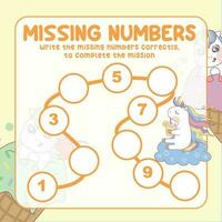 Missing numbers. Write the answer correctly. Educational printable math worksheet. Count and write activity. Counting practice. Vector file.