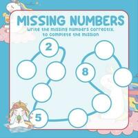 Missing numbers. Write the answer correctly. Educational printable math worksheet. Count and write activity. Counting practice. Vector file.