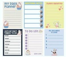 Beautiful planner template with unicorn theme. Kids stationery set with memo planners, to do lists with unicorn theme. Vector template for agenda, to do list, wish list, dear diary.