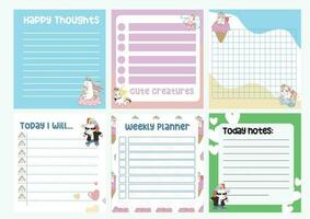 Beautiful notes template with unicorn theme. Kids stationery set with memo planners, to do lists with unicorn theme. Vector template for agenda, to do list, wish list, dear diary.