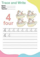 Trace and write number for children. Exercise for children to recognize the number. Educational worksheet for preschool. Vector file.