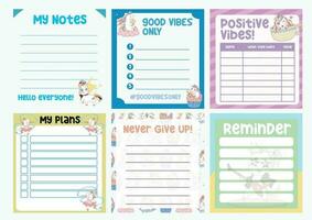 Beautiful notes template with unicorn theme. Kids stationery set with memo planners, to do lists with unicorn theme. Vector template for agenda, to do list, wish list, dear diary.