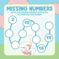 Missing numbers. Write the answer correctly. Educational printable math worksheet. Count and write activity. Counting practice. Vector file.