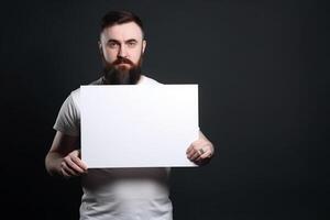 A man holds a blank white sign board mockup in his hand photo