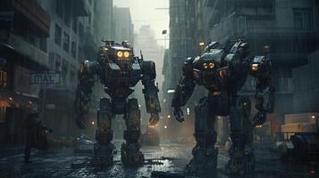 A futuristic clash between two immense robotic warriors photo