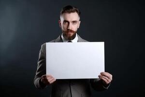 A man holds a blank white sign board mockup in his hand photo