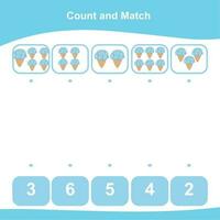 Mathematic counting worksheet. Math activity, count and match numbers with pictures. Educational printable math worksheet for children. Vector File.