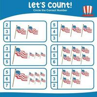 Mathematic counting worksheet. Math activity, count and match numbers with pictures. Educational printable math worksheet for children. Vector File.