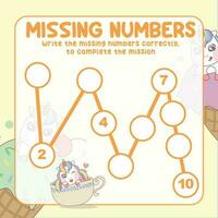 Missing numbers. Write the answer correctly. Educational printable math worksheet. Count and write activity. Counting practice. Vector file.