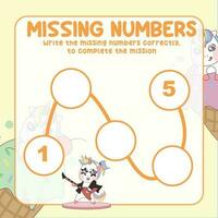 Missing numbers. Write the answer correctly. Educational printable math worksheet. Count and write activity. Counting practice. Vector file.