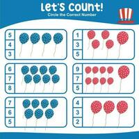 Mathematic counting worksheet. Math activity, count and match numbers with pictures. Educational printable math worksheet for children. Vector File.