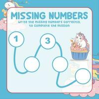 Missing numbers. Write the answer correctly. Educational printable math worksheet. Count and write activity. Counting practice. Vector file.