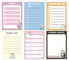 Beautiful planner template with unicorn theme. Kids stationery set with memo planners, to do lists with unicorn theme. Vector template for agenda, to do list, wish list, dear diary.