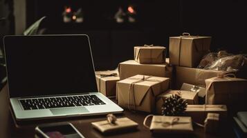 E-commerce concept. Shopping cart with boxes on a wooden table. photo