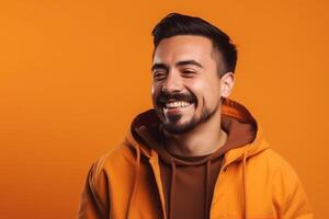 AI Generative a man on solid color background  with a Smile facial expression photo