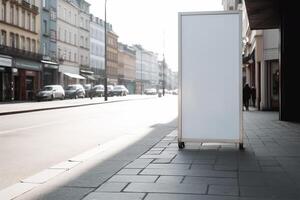 A blank white billboard mockup on a sidewalk in a city photo