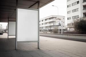 A blank white billboard mockup on a sidewalk in a city photo