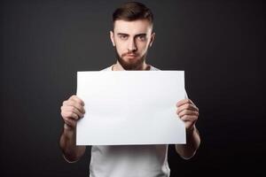 ai generativo un hombre sostiene un blanco blanco firmar tablero Bosquejo en su mano foto