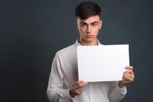 A man holds a blank white sign board mockup in his hand photo