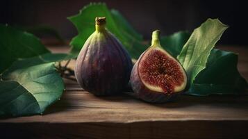 Ripe fig fruits with leaf close-up. Beautiful sweet fresh organic figs on a wooden table. Healthy vegan food, photo