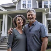 ai generativo retrato de contento maduro Pareja en pie en frente de su nuevo casa foto