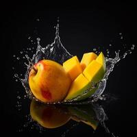 Mango fruit in water splash, isolated on black background. Creative food concept. photo