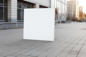 A blank white billboard mockup on a sidewalk in a city photo