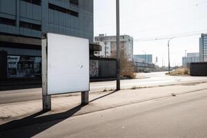 A blank white billboard mockup on a sidewalk in a city photo