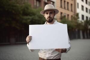 A man holds a blank white sign board mockup in his hand photo