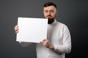 A man holds a blank white sign board mockup in his hand photo