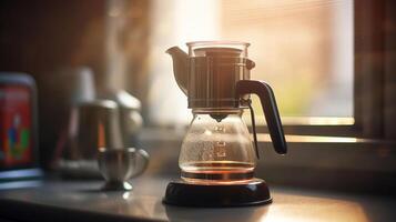 geyser coffee maker standing on ceramic glass stove. Contemporary interior with wooden countertop at kitchen, photo