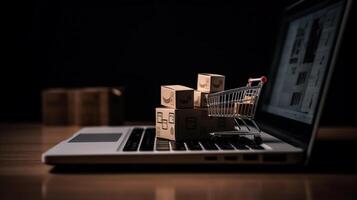E-commerce concept. Shopping cart with boxes on a wooden table. photo