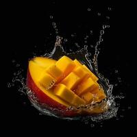 Mango fruit in water splash, isolated on black background. Creative food concept. photo