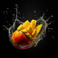 Mango fruit in water splash, isolated on black background. Creative food concept. photo