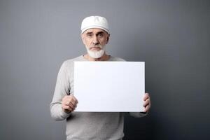 A man holds a blank white sign board mockup in his hand photo