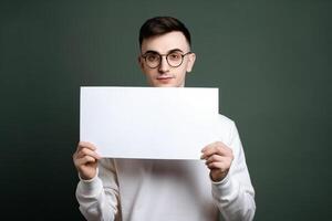 A man holds a blank white sign board mockup in his hand photo