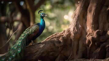 Beautiful peacock sitting on a tree with open feathers, photo