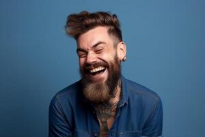 a man on solid color background photoshoot with Laugh face experession photo