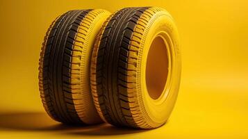Winter car tires. Group of tires for winter driving on a yellow background, photo
