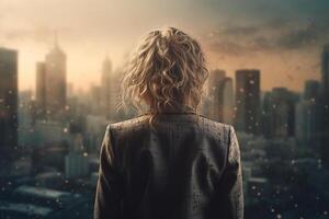 Back view of businesswoman looking at skyscrapers represents Youthful Courage in the business world photo