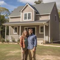 ai generativo retrato de contento maduro Pareja en pie en frente de su nuevo casa foto